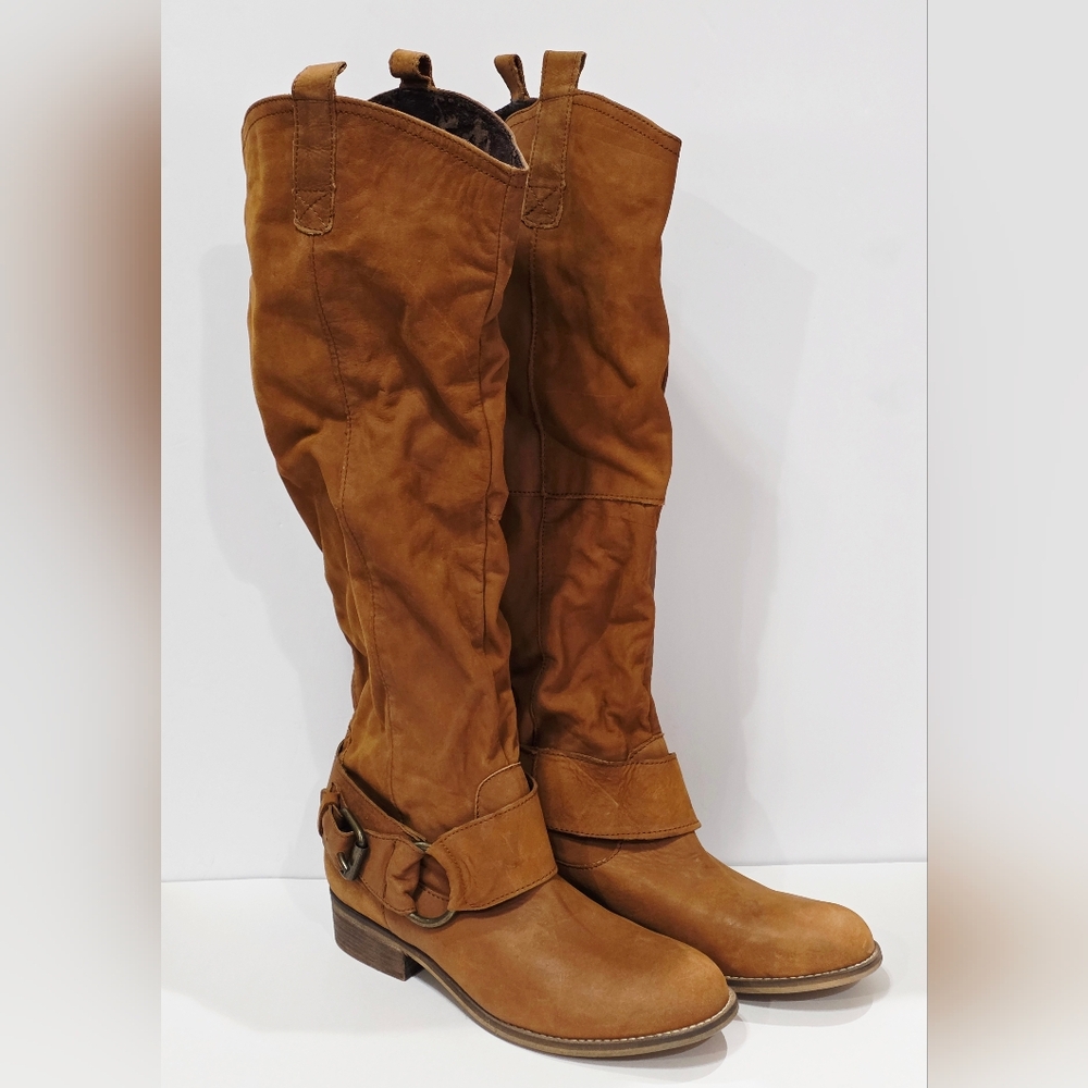 Steve Madden BANKKER Brown Suede Fabric Boot Tall Pull-On Riding Buckle 10 M New - Picture 2 of 16